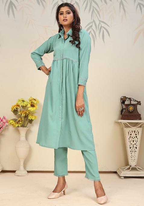 Rama Green Solid Rinkal Cotton Anarkali Set