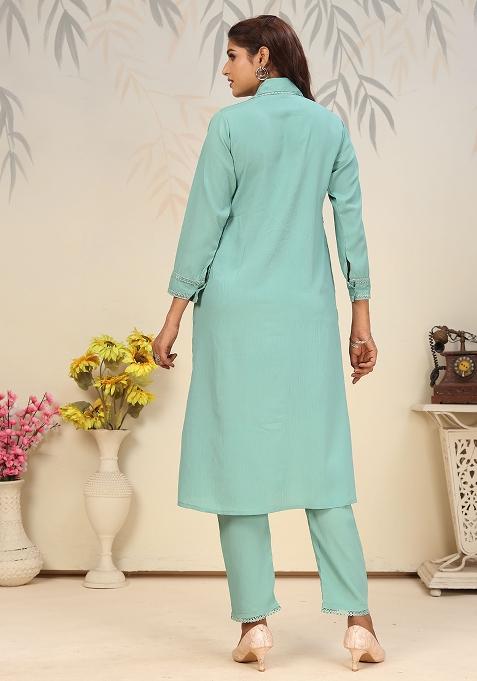 Rama Green Solid Rinkal Cotton Anarkali Set