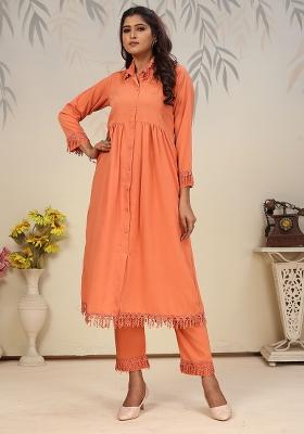 Orange Solid Rinkal Cotton Anarkali Set