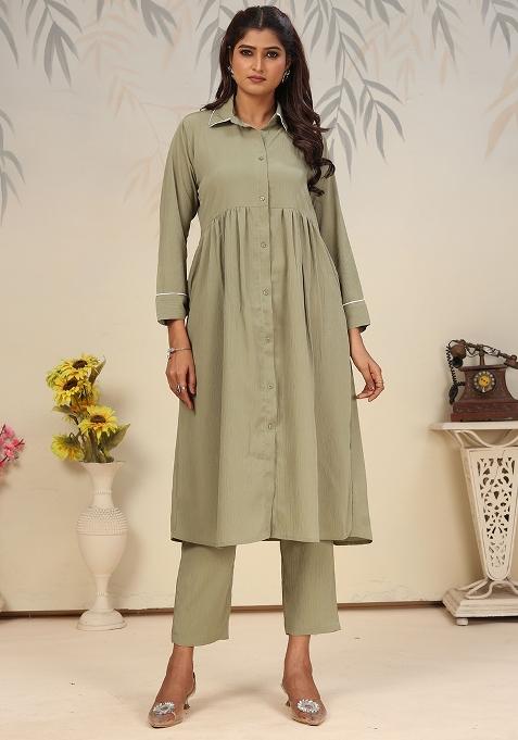 Pista Green Solid Rinkal Cotton Anarkali With Dupatta