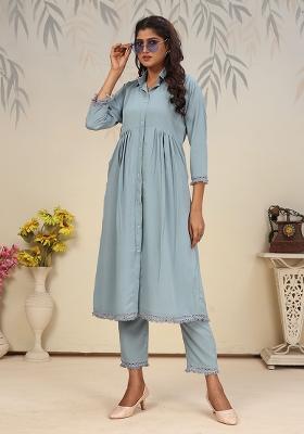 Sky Blue Solid Rinkal Cotton Anarkali Set