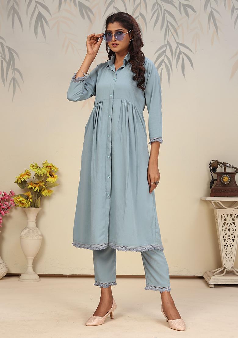 Sky Blue Solid Rinkal Cotton Anarkali Set