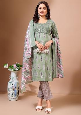Green Embroidered Cotton Salwar Kameez With Dupatta
