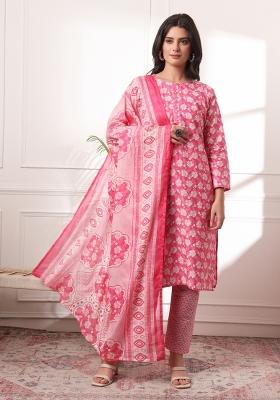 Pink Printed Cotton Salwar Kameez With Dupatta