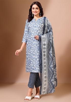 Blue Printed Cotton Salwar Kameez With Dupatta