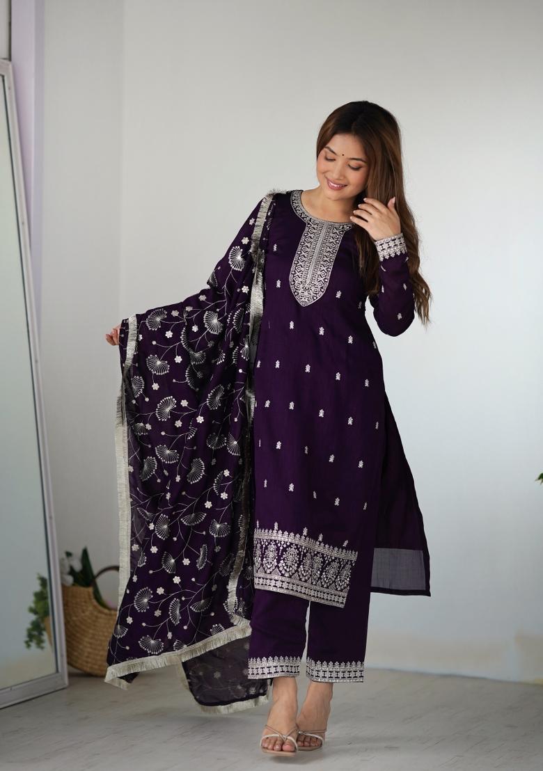 Purple Embroidered Rangoli Silk Salwar Kameez With Dupatta