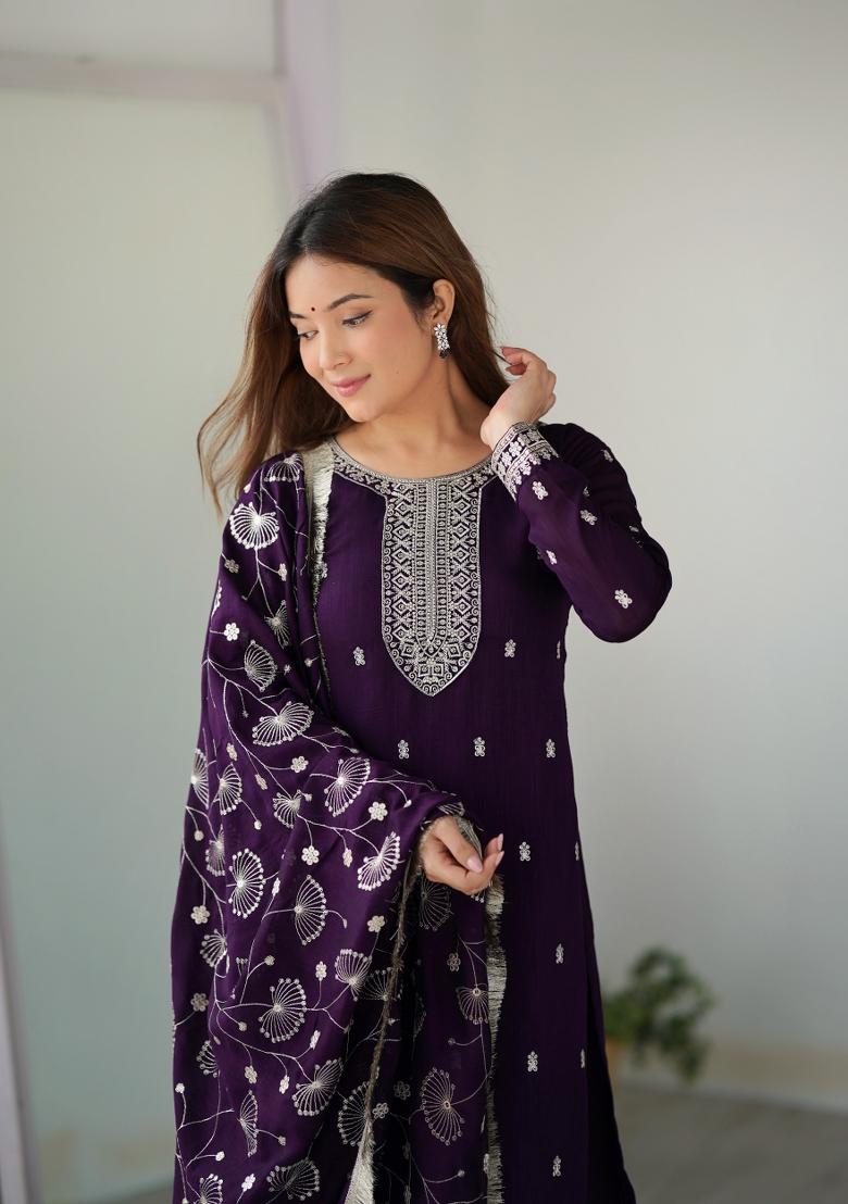 Purple Embroidered Rangoli Silk Salwar Kameez With Dupatta