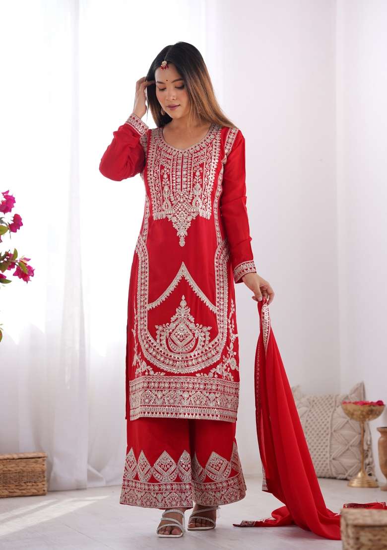 Red Embroidered Vichitra Straight Kurta Set - Indya