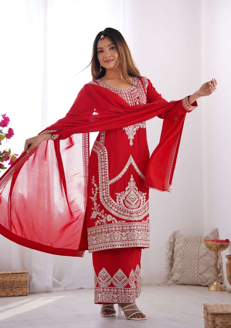 Red Embroidered Vichitra Straight Kurta Set - Indya
