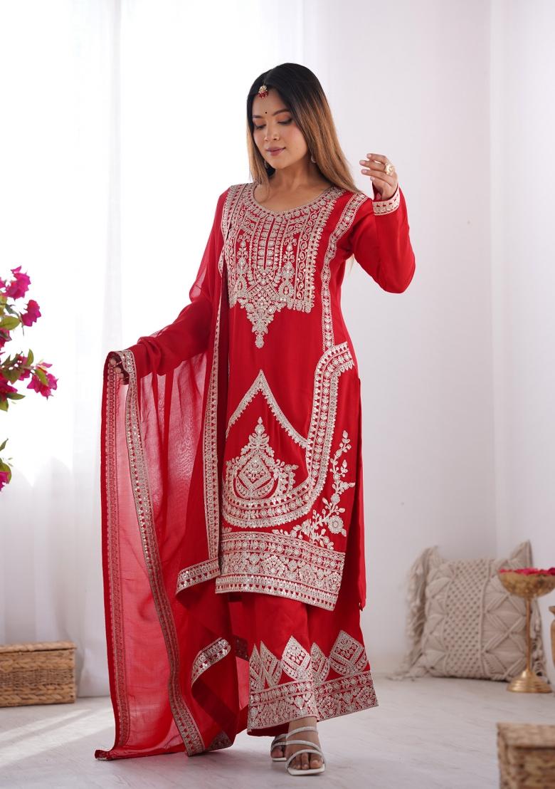 Red Embroidered Vichitra Silk Palazzo Set With Dupatta