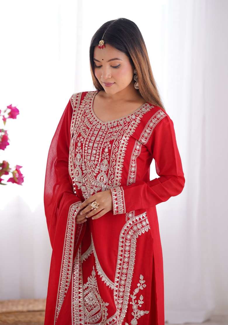 Red Embroidered Vichitra Straight Kurta Set - Indya