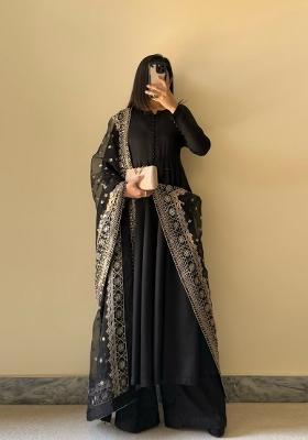 Black Embroidered Georgette Palazzo Set With Dupatta