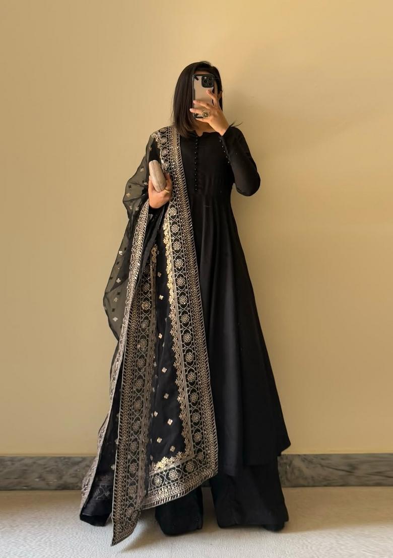 Black Embroidered Georgette Palazzo Set With Dupatta