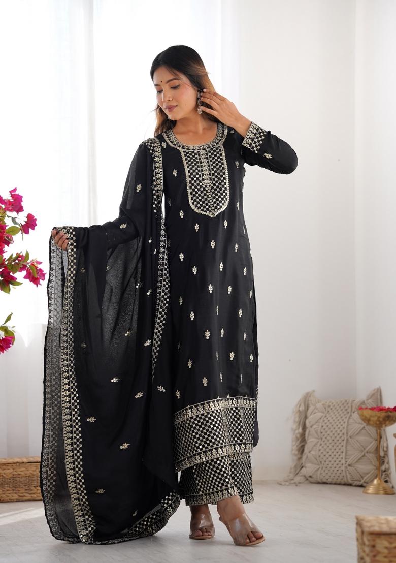 Black Embroidered Chinon Silk Palazzo Set With Dupatta
