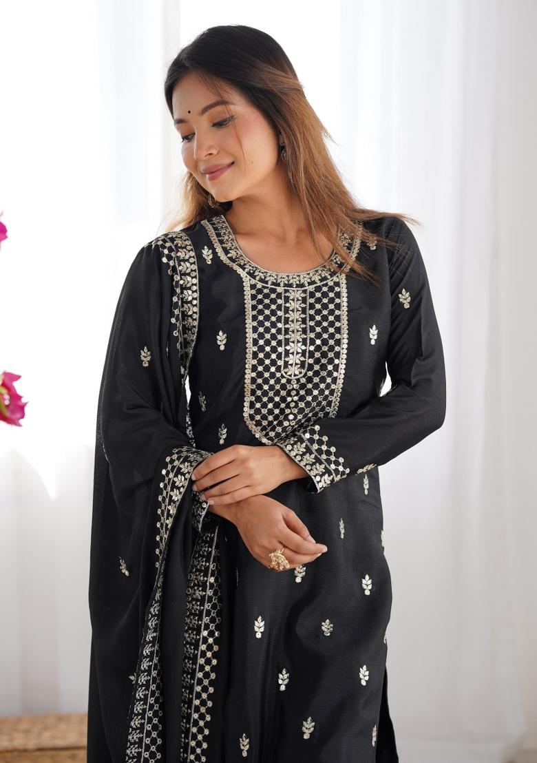 Black Embroidered Chinon Silk Palazzo Set With Dupatta