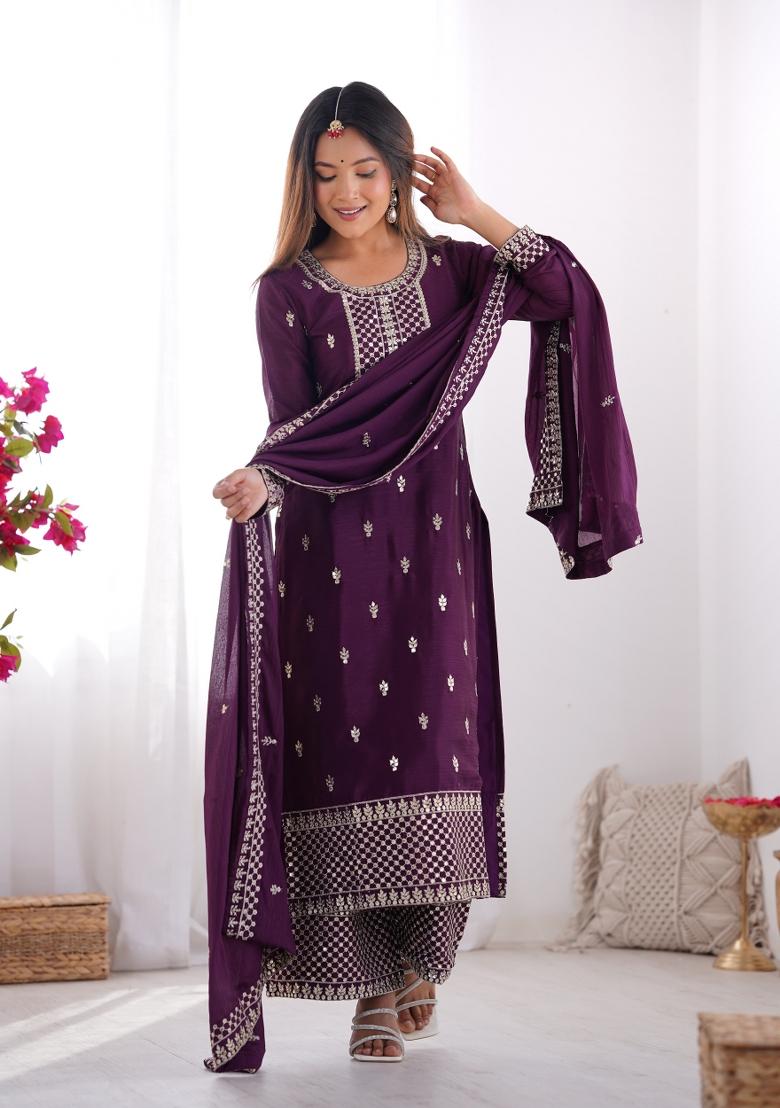 Wine Embroidered Chinon Silk Palazzo Set With Dupatta