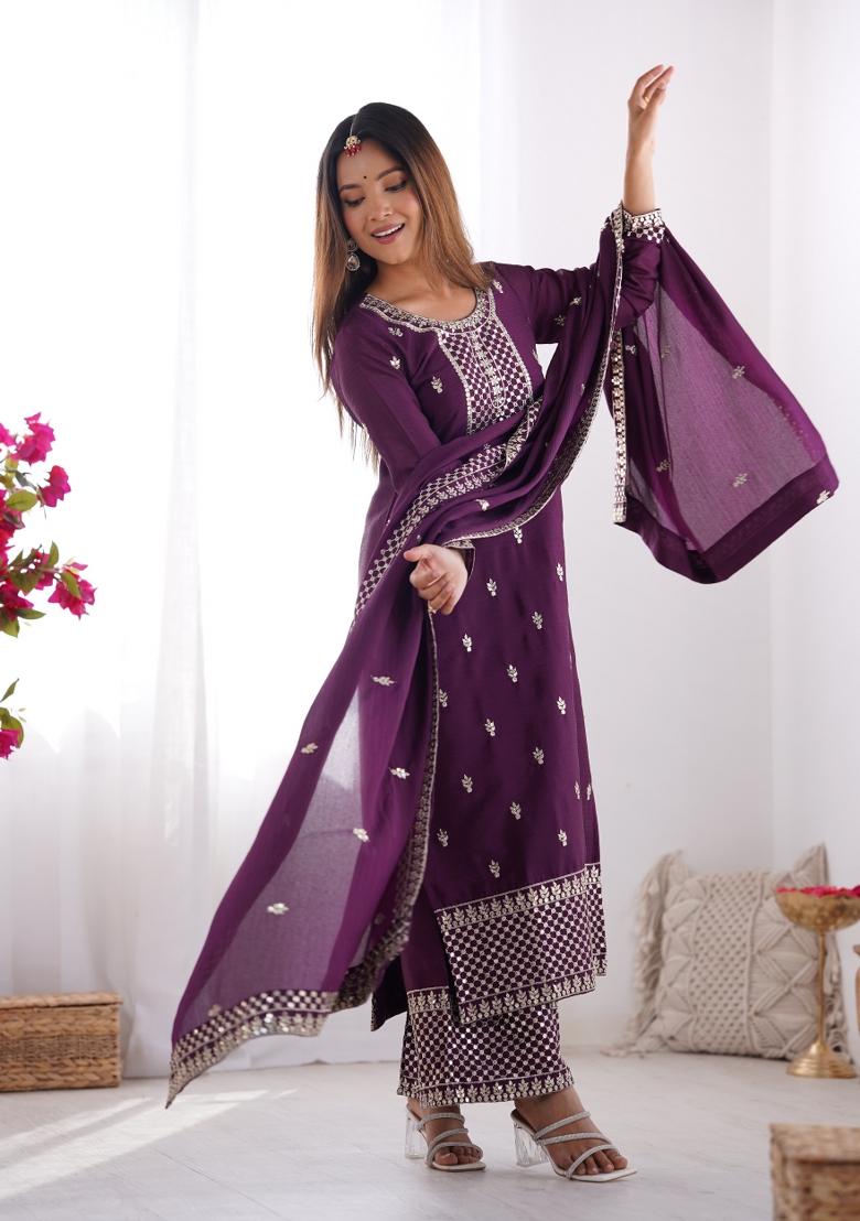 Wine Embroidered Chinon Silk Palazzo Set With Dupatta