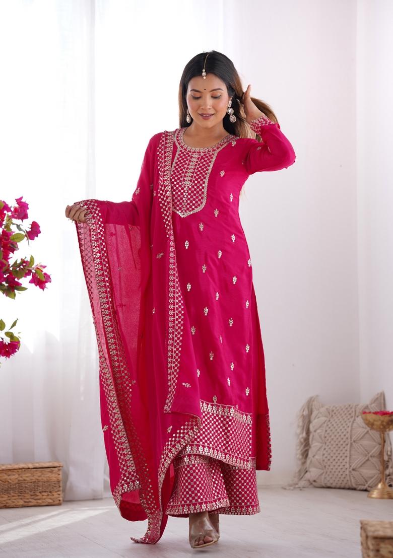 Pink Embroidered Chinon Silk Palazzo Set With Dupatta