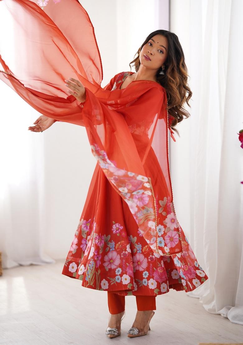 Rust Brown Printed Organza Silk Anarkali Set With Dupatta