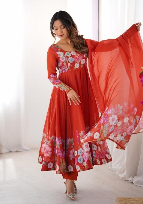 Rust Brown Printed Organza Silk Anarkali Set With Dupatta