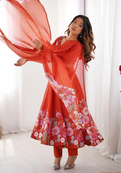 Rust Brown Printed Organza Silk Anarkali Set With Dupatta