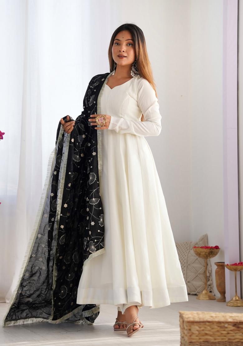 White Solid Vichitra Silk Anarkali Set With Dupatta