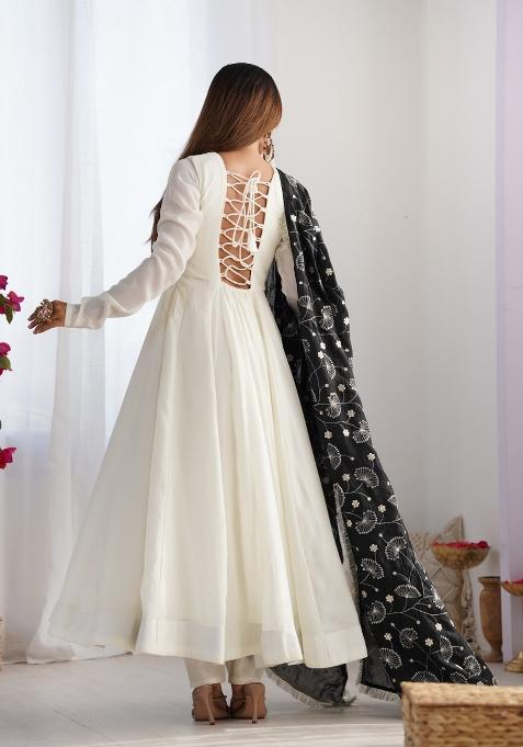 White Solid Vichitra Silk Anarkali Set With Dupatta