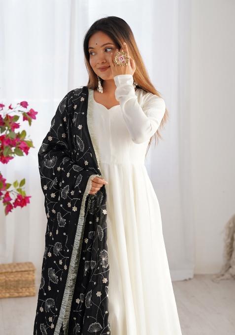 White Solid Vichitra Silk Anarkali Set With Dupatta