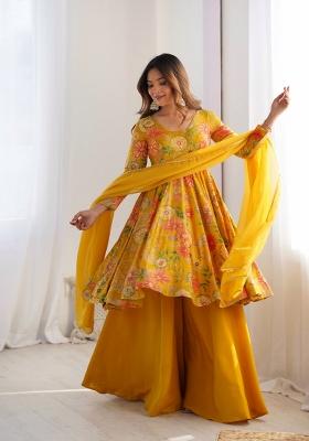 Yellow Printed Roman Silk Salwar Kameez With Dupatta 