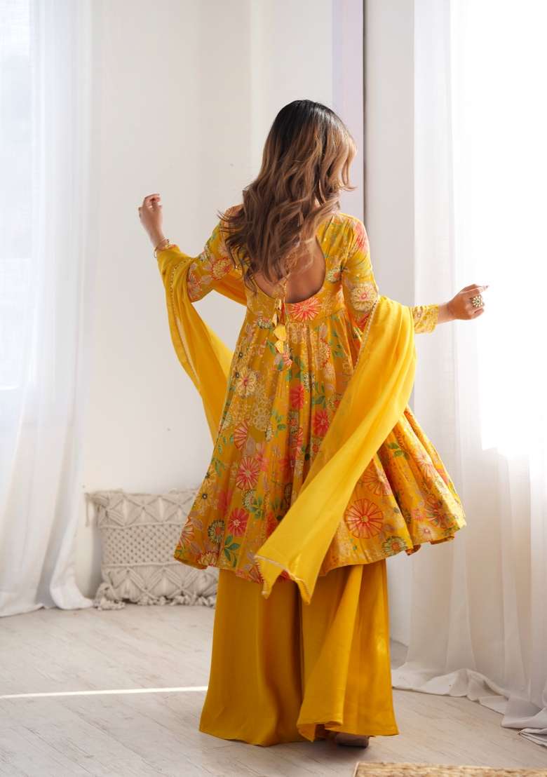 Yellow Floral Print Silk Sharara Set - Indya