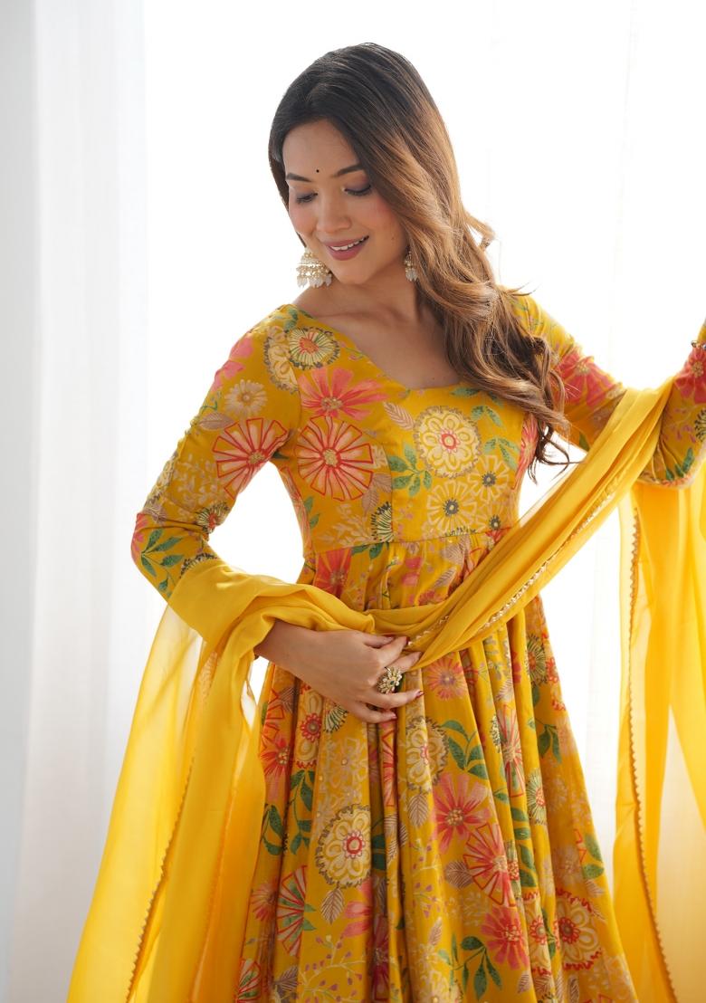 Yellow Printed Roman Silk Salwar Kameez With Dupatta 