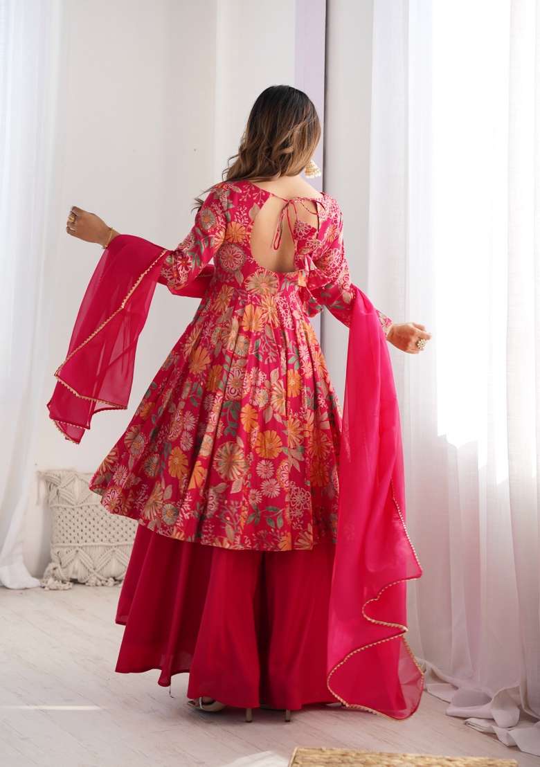Rani Pink Embroidered Roman Sharara Set - Indya