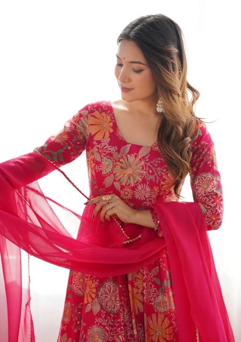 Rani Pink Printed Roman Silk Palazzo Set With Dupatta