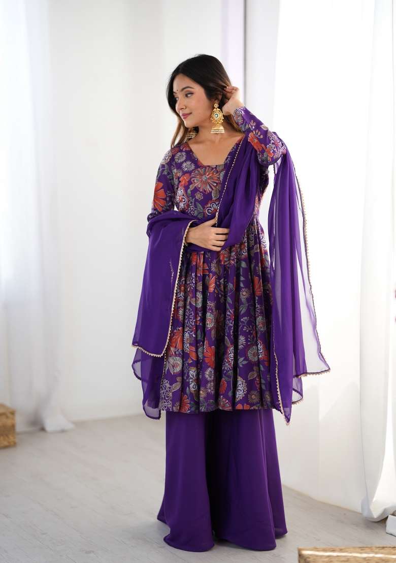 Purple Printed Silk Blend Sharara Set - Indya