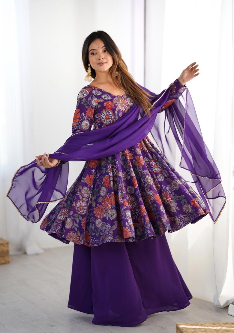 Purple Printed Roman Silk Palazzo Set With Dupatta