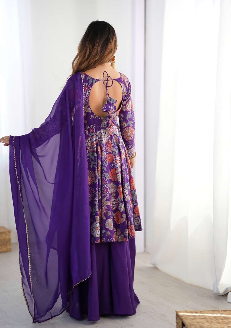 Purple Printed Silk Blend Sharara Set - Indya