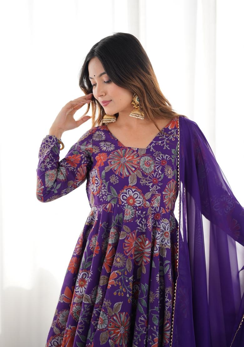 Purple Printed Roman Silk Palazzo Set With Dupatta