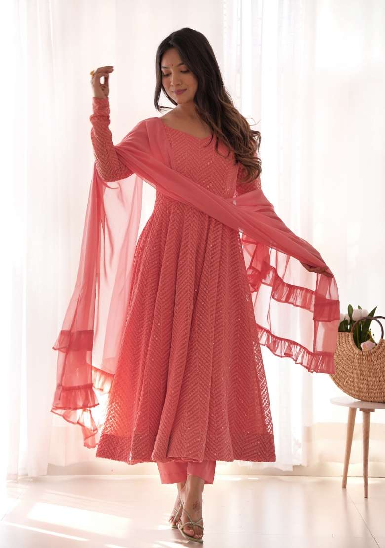 Peach Embroidered Georgette Anarkali With Dupatta With Dupatta - Indya