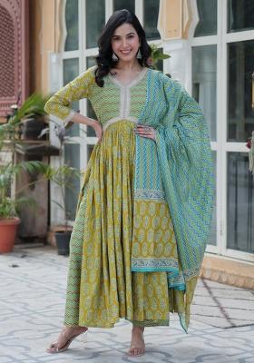 Lime Green Printed Pure Cotton Anarkali Set With Dupatta