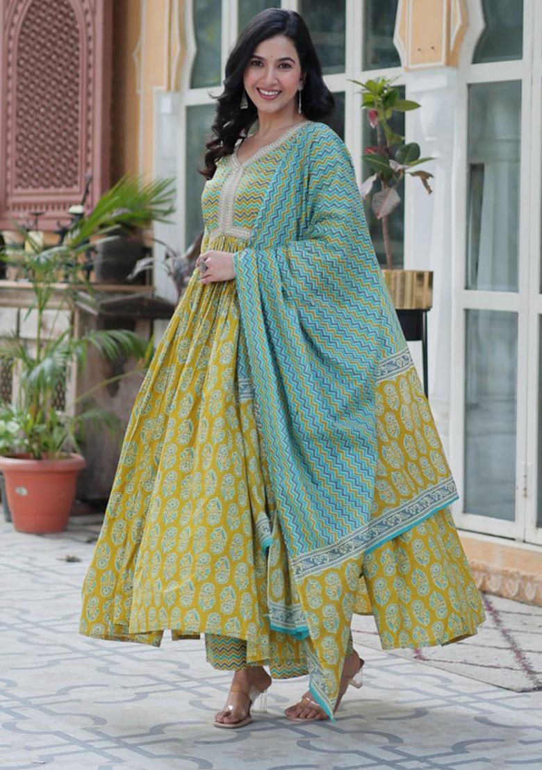 Lime Green Printed Pure Cotton Anarkali Set With Dupatta