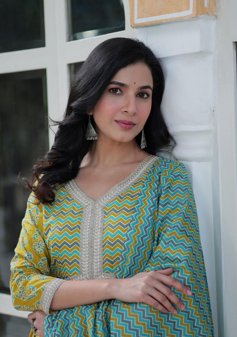 Lime Green Printed Pure Cotton Anarkali Set With Dupatta