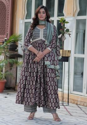 Wine Printed Pure Cotton Anarkali Set With Dupatta