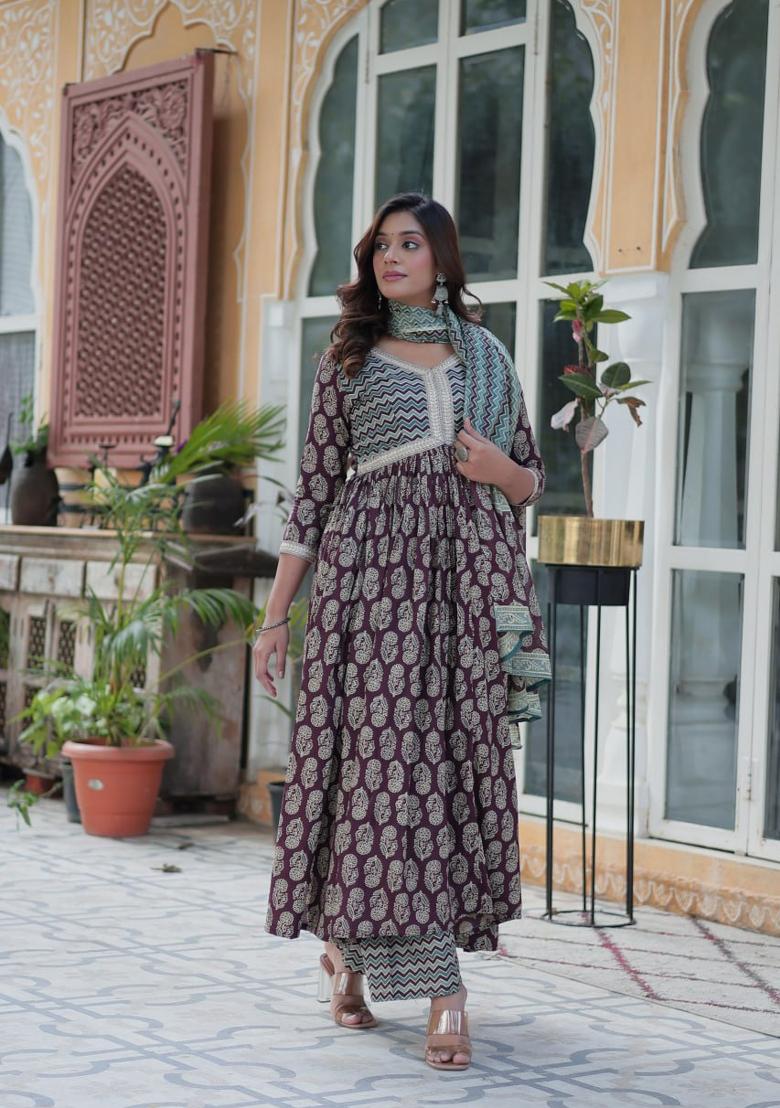 Wine Printed Pure Cotton Anarkali Set With Dupatta