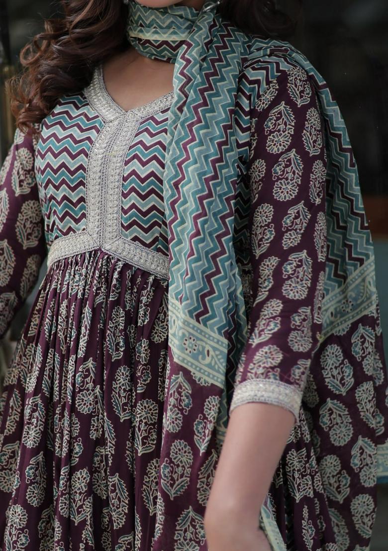 Wine Printed Pure Cotton Anarkali Set With Dupatta