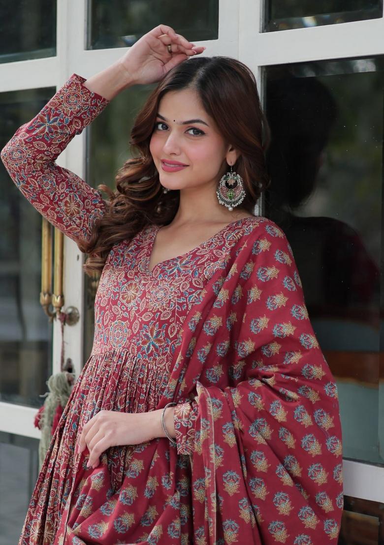 Maroon Printed Pure Cotton Anarkali Set With Dupatta