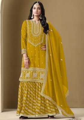Yellow Embroidered Art Silk Palazzo Set With Dupatta