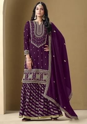 Wine Embroidered Art Silk Palazzo Set With Dupatta