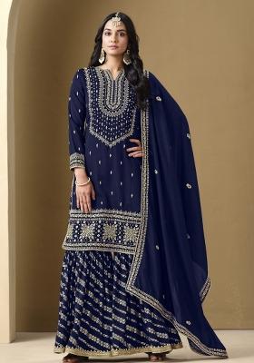 Navy Blue Embroidered Art Silk Palazzo Set With Dupatta