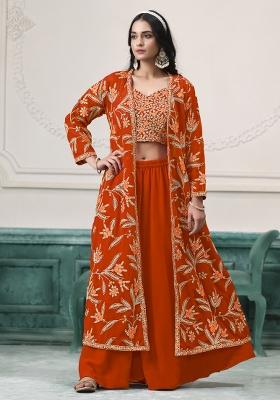 Orange Embroidered Georgette Sharara Set