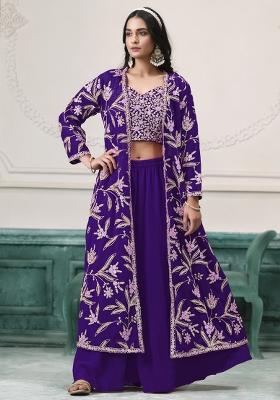 Violet Embroidered Georgette Sharara Set